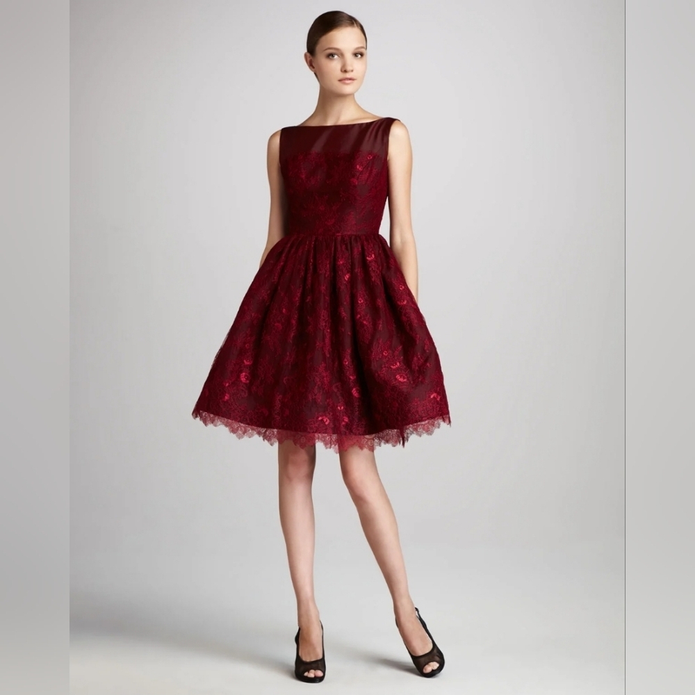 Monique Lhuillier Burgundy Lace Mini Dress